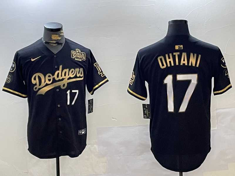 Mens Los Angeles Dodgers #17 Shohei Ohtani Black Gold 2024 World Series Champions Cool Base Stitched Baseball Jersey